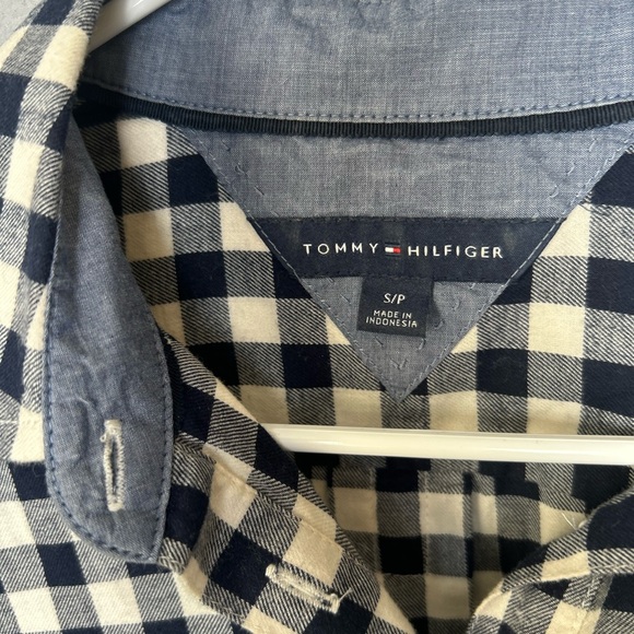 Tommy Hilfiger Navy Blue White Gingham Plaid Button Down Shirt Preppy Cozy Sz SP - Picture 2 of 11